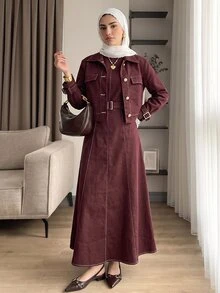 Solavon Women's Long Sleeve Single-Breasted Jacket And Dress Arabic Outfit Set - Red - View 6