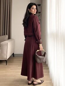 Solavon Women's Long Sleeve Single-Breasted Jacket And Dress Arabic Outfit Set - Red - View 3