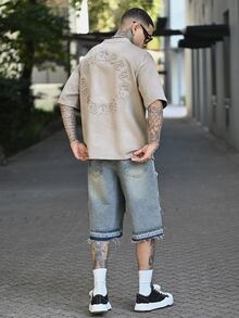 Devon Thys 男士街头风格哥特字母空气层绒面纹理压花宽松落肩圆领短袖 T 恤，夏季 - 杏色 - 查看 5