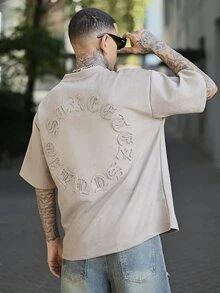 Devon Thys 男士街头风格哥特字母空气层绒面纹理压花宽松落肩圆领短袖 T 恤，夏季 - 杏色 - 查看 6