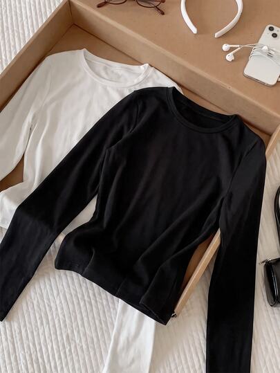 Comfortcana Plus Size Spring/Autumn Black & White Pure Cotton Long Sleeve T-Shirt 2 Pieces Set Fall