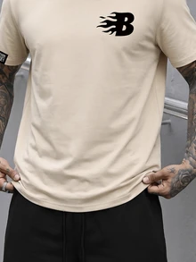 Devon Thys 男士火焰与字母B印花套装，卡其色T恤和短裤，休闲装 - 黑色 - 查看 5