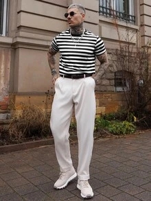 Artur Kramer 男士条纹圆领都市短袖 T 恤，男友礼物 - 黑與白 - 查看 5