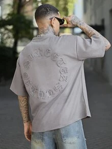 Devon Thys 男士休闲空气层绒面革压花宽松落肩圆领短袖 T 恤，夏季，街头休闲 - 淺灰色 - 查看 4