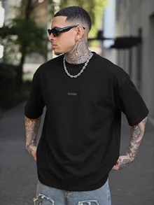 Devon Thys 男士街头风哥特字母空气层绒面革压花宽松落肩圆领短袖 T 恤，夏季，emo - 黑色 - 查看 5
