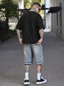 Devon Thys 男士街头风哥特字母空气层绒面革压花宽松落肩圆领短袖 T 恤，夏季，emo - 黑色 - 查看 2