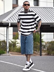 Devon Thys 男士浅蓝色水洗宽松休闲牛仔短裤 - 深色水洗藍 - 查看 6