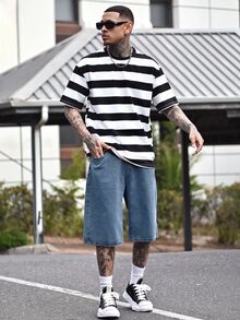 Devon Thys 男士浅蓝色水洗宽松休闲牛仔短裤 - 深色水洗藍 - 查看 5