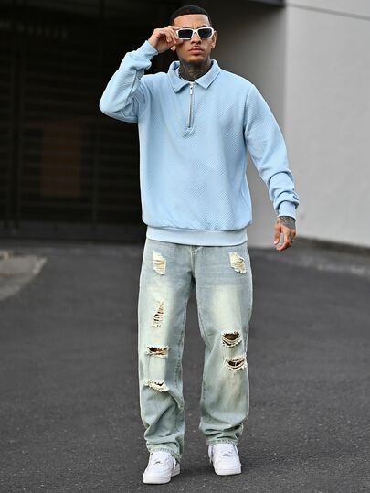 Devon Thys Men's Casual Fashion Street Ripped Loose Straight Leg Jeans Ripped Baggy Jeans Men