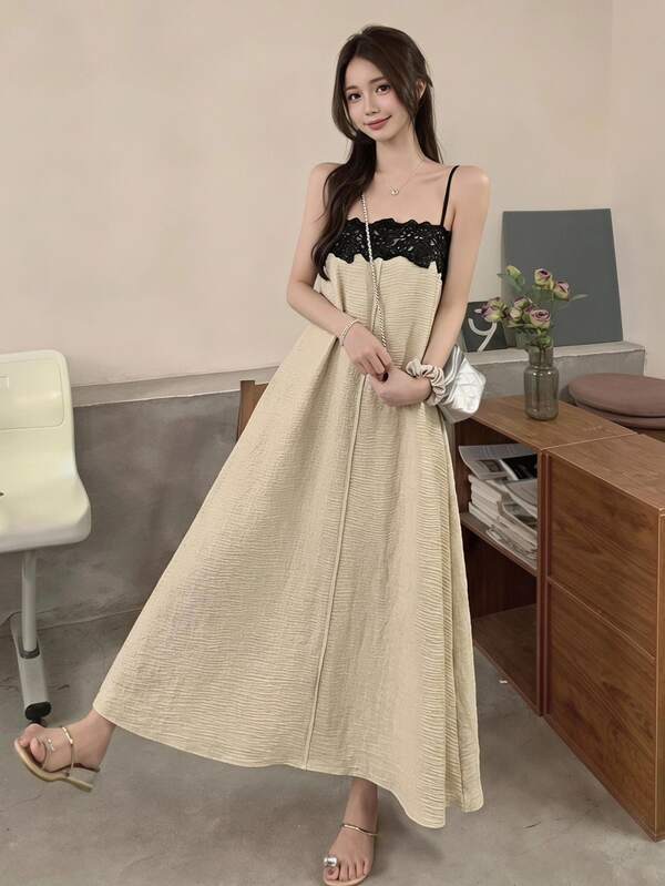 Serisse Women's Beige Lace Patchwork Elegant Tropical Summer Vacation Dress,French Spaghetti Strap Color Block Loose Flowy Maxi Holiday,Holiday Sundress