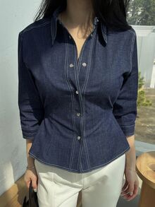 DAZY Women Solid Fitted Cropped Button Up Denim Shirt, Autumn,Jeans Jacket,Fall Women Clothes - Dark Wash - View 5