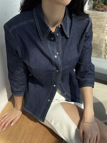 DAZY Women Solid Fitted Cropped Button Up Denim Shirt, Autumn,Jeans Jacket,Fall Women Clothes - Dark Wash - View 7