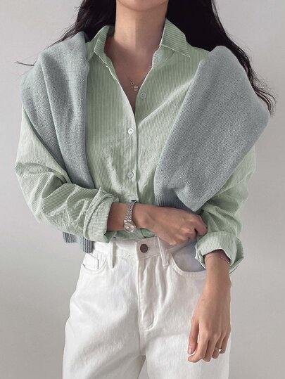 DAZY Solid Button Front Shirt,Long Sleeve Tops,Fall Women Clothes Easter