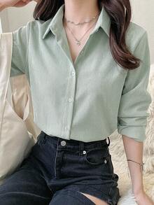 DAZY Solid Button Front Shirt,Long Sleeve Tops,Fall Women Clothes Easter - Green - View 5