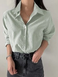 DAZY Solid Button Front Shirt,Long Sleeve Tops,Fall Women Clothes Easter - Green - View 4