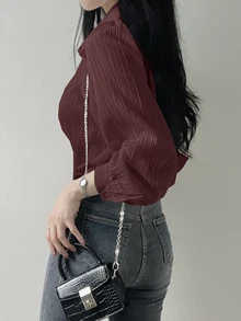 DAZY 女款百褶素色領寬鬆襯衫，紫紅色，春夏秋季衣著，學院風上衣，長袖可愛上衣 - 中紫紅色 - 查看 2