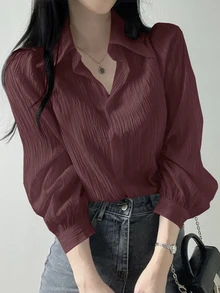 DAZY 女款百褶素色領寬鬆襯衫，紫紅色，春夏秋季衣著，學院風上衣，長袖可愛上衣 - 中紫紅色 - 查看 3
