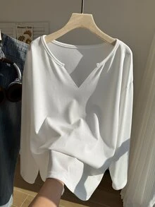 Comfortcana 大尺碼秋季服飾 大尺碼醋酸纖維做舊白色寬鬆長袖小V領大尺碼T恤 棉質面料 秋冬衣物 - 白色 - 查看 5