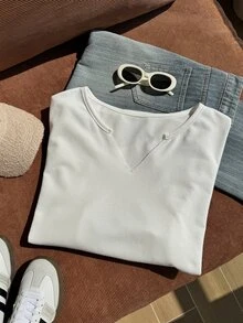 Comfortcana 大尺碼秋季服飾 大尺碼醋酸纖維做舊白色寬鬆長袖小V領大尺碼T恤 棉質面料 秋冬衣物 - 白色 - 查看 4