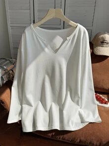 Comfortcana 大尺碼秋季服飾 大尺碼醋酸纖維做舊白色寬鬆長袖小V領大尺碼T恤 棉質面料 秋冬衣物 - 白色 - 查看 3