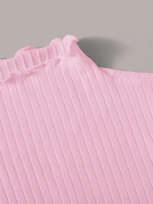 SHEIN EZwear 女士加大码荷叶边领长袖休闲罗纹针织粉色T恤 - 粉色 - 查看 4