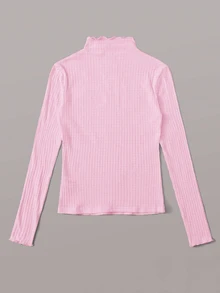 SHEIN EZwear 女士加大码荷叶边领长袖休闲罗纹针织粉色T恤 - 粉色 - 查看 2