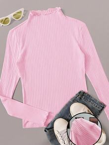 SHEIN EZwear 女士加大码荷叶边领长袖休闲罗纹针织粉色T恤 - 粉色 - 查看 1
