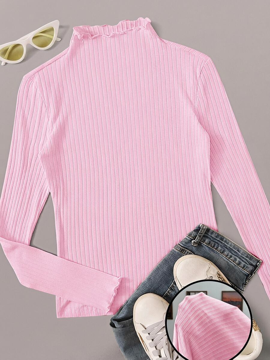 SHEIN EZwear 女士加大码荷叶边领长袖休闲罗纹针织粉色T恤 - 粉色 - 查看 1