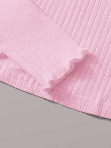 SHEIN EZwear 女士加大码荷叶边领长袖休闲罗纹针织粉色T恤 - 粉色 - 查看 5