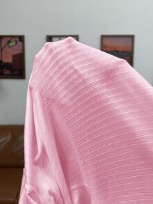 SHEIN EZwear 女士加大码荷叶边领长袖休闲罗纹针织粉色T恤 - 粉色 - 查看 8