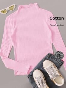 SHEIN EZwear 女士加大码荷叶边领长袖休闲罗纹针织粉色T恤 - 粉色 - 查看 7