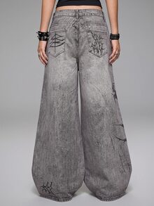 ROMWE Grunge Punk 暗黑朋克十字骷髅天使蜘蛛标语印花女式阔腿牛仔裤 - 深灰色 - 查看 2