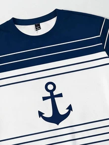 Maristyn 休閒時尚海軍條紋與藍色錨印圓領短袖T恤，度假風 - 白色 - 查看 4