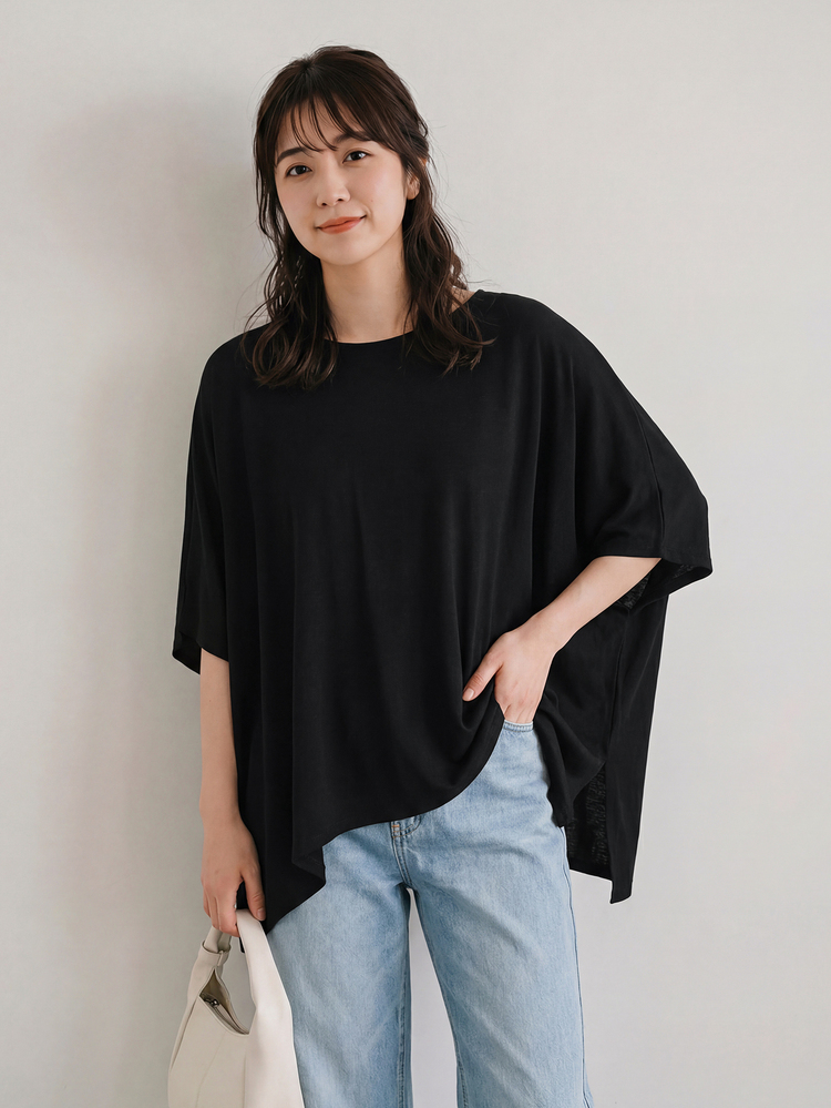 Yumoku Solid Batwing Sleeve Tee,Casual - Black - View 4