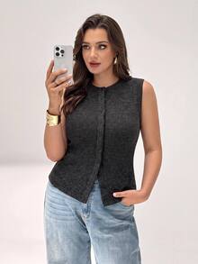 SHEIN BASICS 大尺碼女款純色單排扣休閒圓領背心上衣 - 巧克力棕 - 查看 9