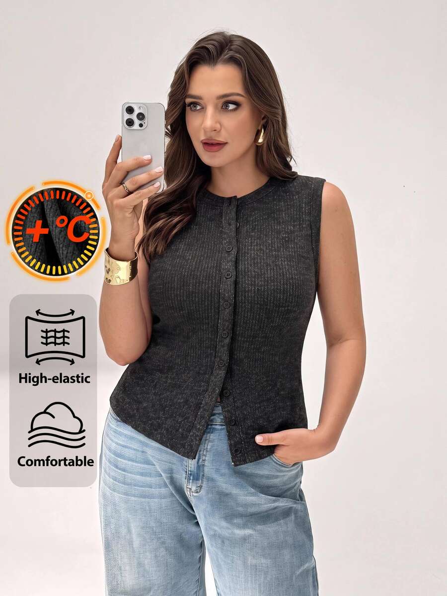 SHEIN BASICS Plus Size Women's Solid Color Single-Breasted Casual Round Neck Tank Top - Chocolate Brown - View 1