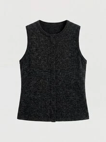 SHEIN BASICS 大尺碼女款純色單排扣休閒圓領背心上衣 - 巧克力棕 - 查看 4