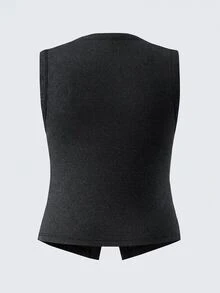 SHEIN BASICS 大尺碼女款純色單排扣休閒圓領背心上衣 - 巧克力棕 - 查看 10