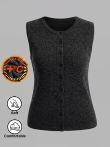 SHEIN BASICS 大尺碼女款純色單排扣休閒圓領背心上衣 - 巧克力棕 - 查看 7