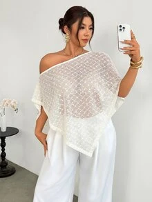 Firerie 女款優雅休閒度假婚禮茶會夏威夷波點不對稱領針織上衣 白色波點透視披肩網紗罩衫 優雅網格針織上衣 女款網紗罩衫 夏季 - 杏色 - 查看 1