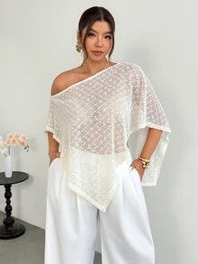 Firerie 女款優雅休閒度假婚禮茶會夏威夷波點不對稱領針織上衣 白色波點透視披肩網紗罩衫 優雅網格針織上衣 女款網紗罩衫 夏季 - 杏色 - 查看 5
