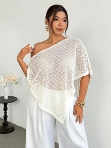Firerie 女款優雅休閒度假婚禮茶會夏威夷波點不對稱領針織上衣 白色波點透視披肩網紗罩衫 優雅網格針織上衣 女款網紗罩衫 夏季 - 杏色 - 查看 3
