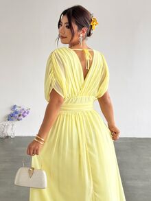 Firerie Gaun Pesta Elegan Wanita Ukuran Plus Warna Polos Leher V Dalam dengan Pinggang Berkerut Warna Kuning Musim Panas Midi untuk Tamu Pernikahan - Kuning muda - View 2