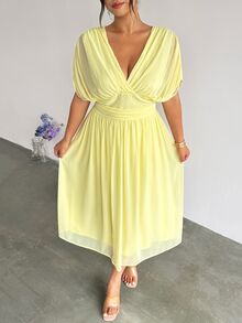 Firerie Gaun Pesta Elegan Wanita Ukuran Plus Warna Polos Leher V Dalam dengan Pinggang Berkerut Warna Kuning Musim Panas Midi untuk Tamu Pernikahan - Kuning muda - View 5