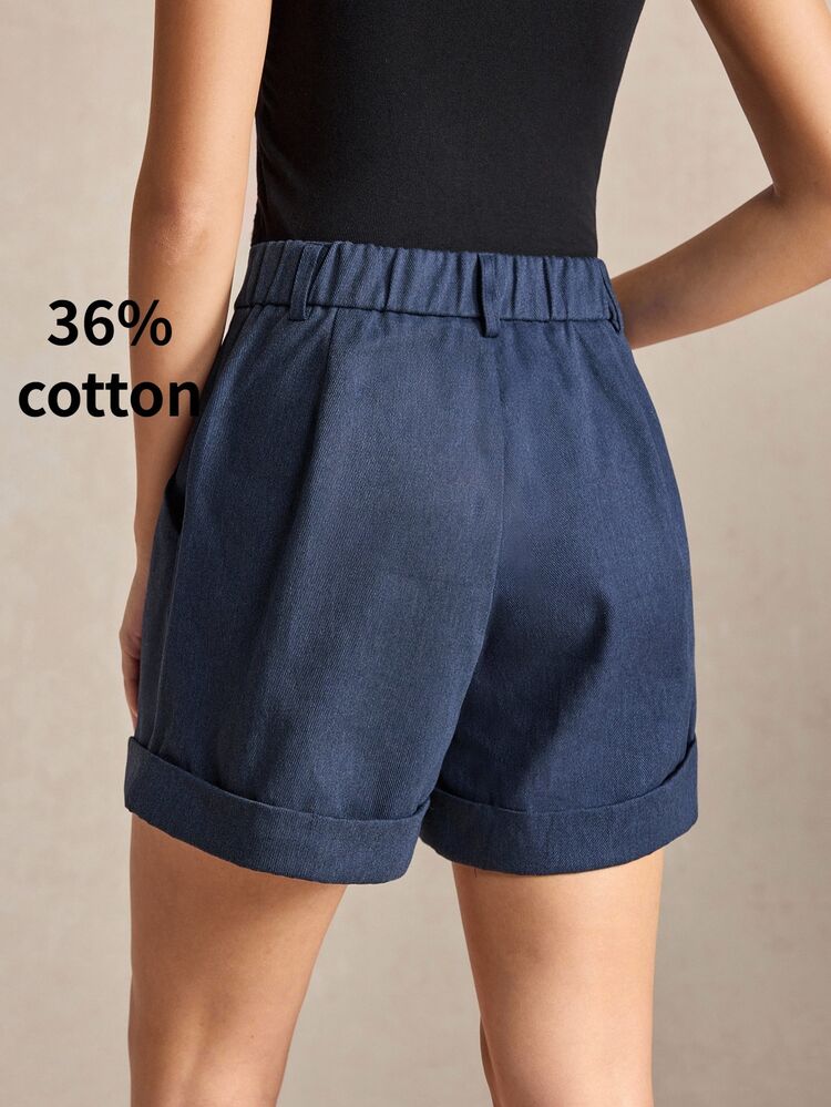 BizChic Deep Blue Women's Shorts, Elastic Waist, Pleated Design, Side Pockets, Rolled Hem, French Style, Elegant Suitable For Office Work, Business Casual, Autumn, Halloween, Back To School, Church, Special Occasions, Birthday, Wedding Guest, Party, Date, Vacation, Sexy, Street Style - Navy Blue - View 7