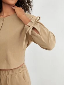 Ocili 自然風格女性打結袖口長袖短褲休閒套裝-卡其色 - 卡其色 - 查看 4