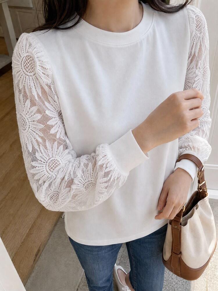 Yumoku Women's White Crew Neck Lace Splice Casual Blouse,Casual - White - View 1