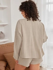Ocili 條紋下垂肩寬鬆家居服上衣 - 卡其色 - 查看 2