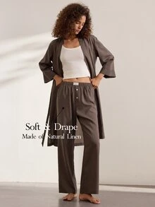 Ocili Comfortable Natural Linen Striped Camisole Nightgown Women's Loungewear Bottoms - Brown - View 2