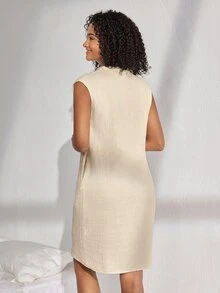 Ocili 100%純棉天然原料女式淺卡其色V領無袖家居服裙 - 卡其色 - 查看 2